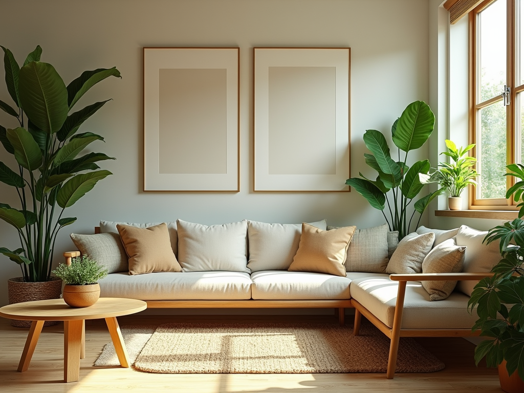 Sunny living room with a beige sofa, large green plants, and two blank wall frames.