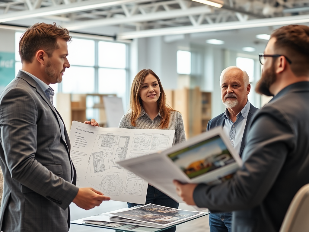 A group of professionals discussing plans and designs in a bright office setting.