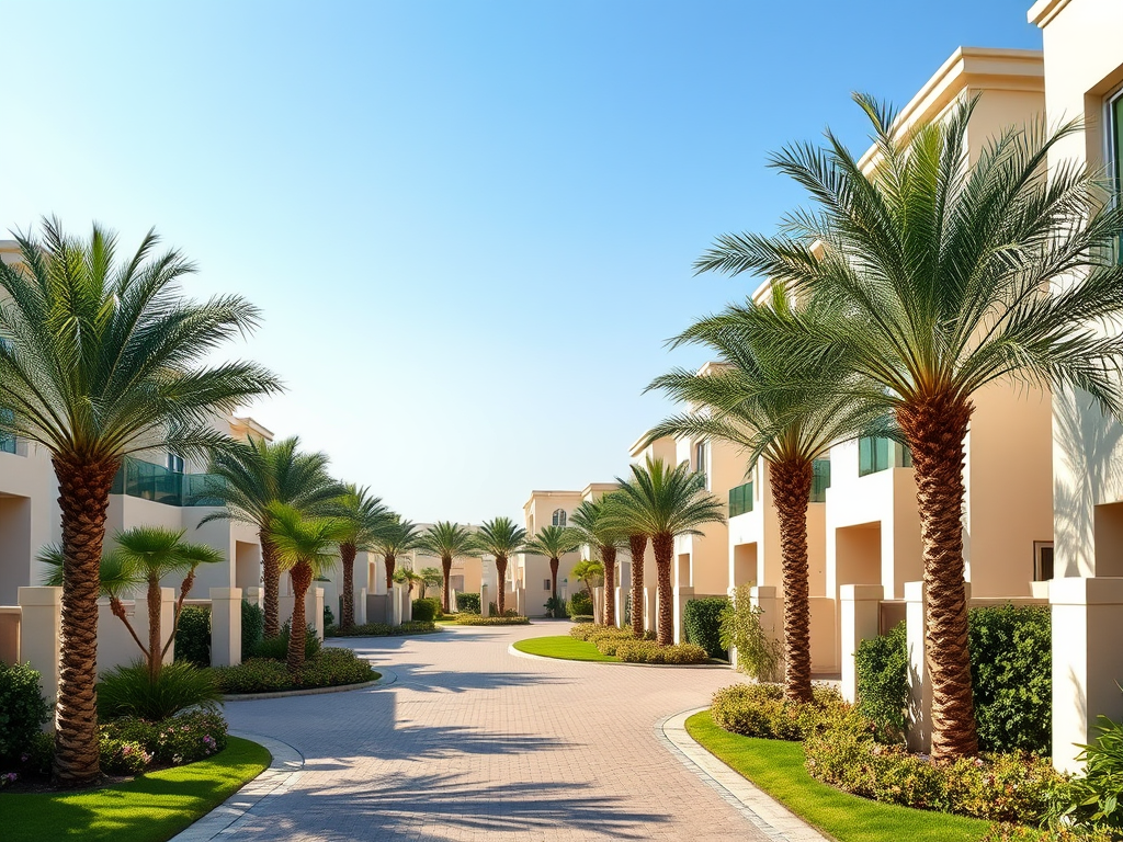 A sunny residential street lined with palm trees and flowering plants, leading to modern homes under a clear blue sky.