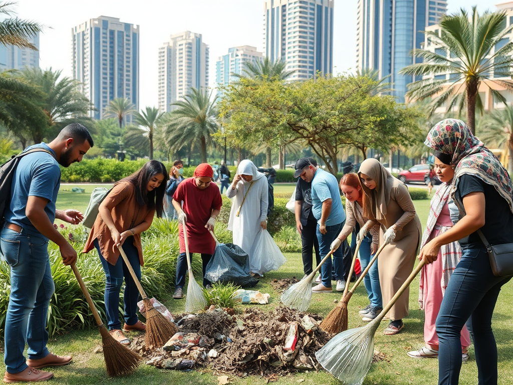 A group of people cleaning a park, using brooms and bags to collect trash among greenery and city buildings.