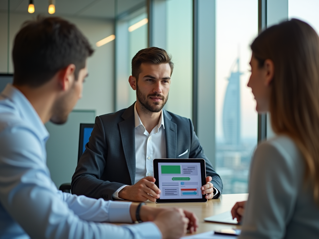 Three business professionals in a meeting, one presenting data on a digital tablet.