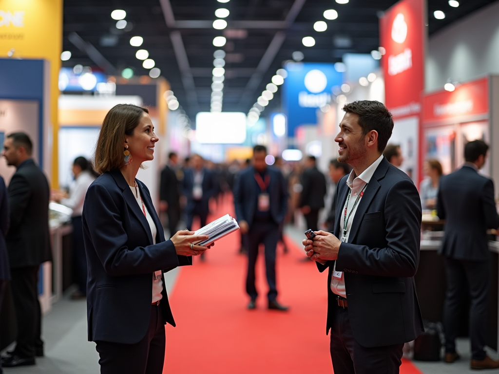 Two professionals smiling and conversing at a bustling conference hall.