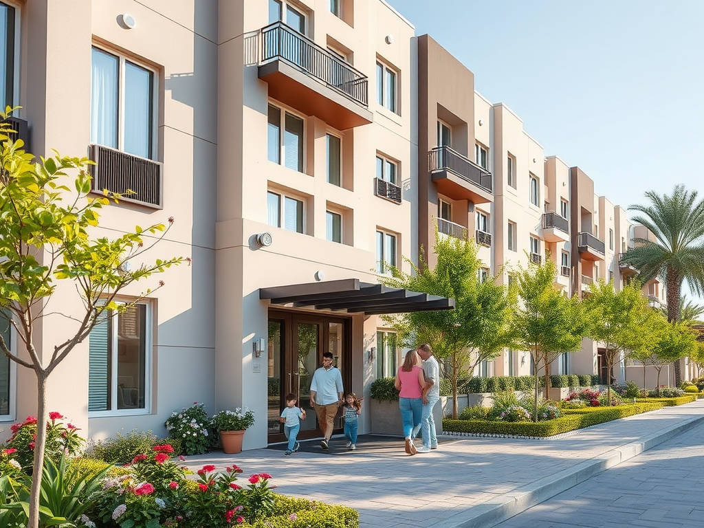 A family exits an apartment building surrounded by greenery and flowers on a sunny day.