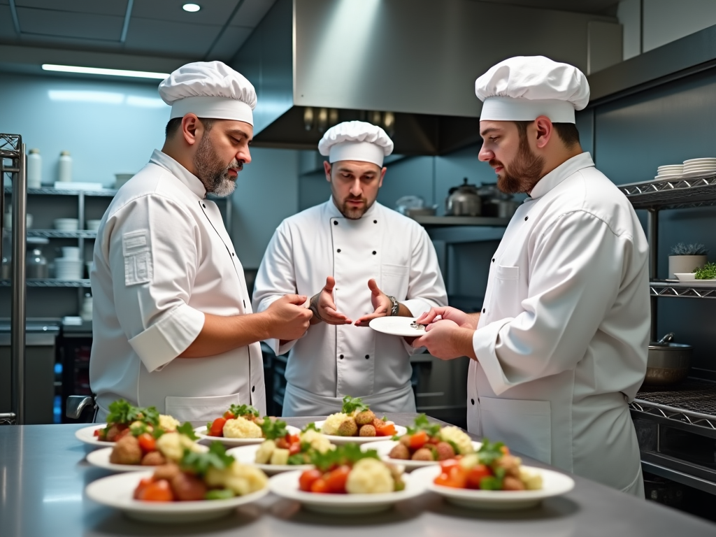 Three chefs in a commercial kitchen inspecting dishes, discussing preparation details.