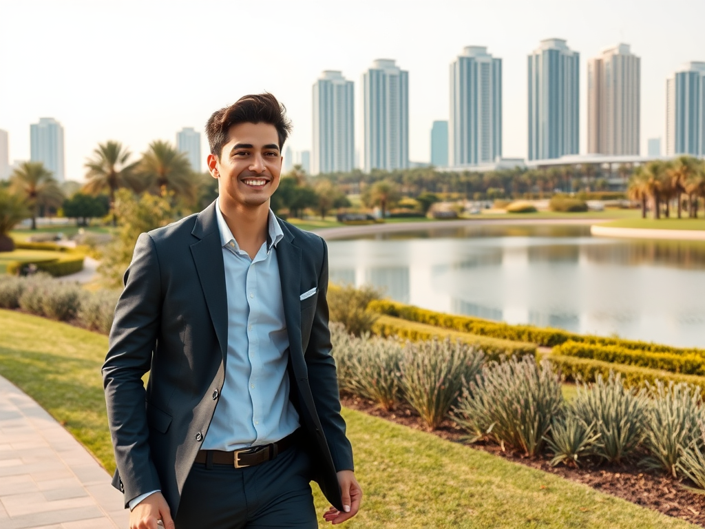 A young man in a suit smiles while walking by a tranquil pond, with modern buildings and palm trees in the background.