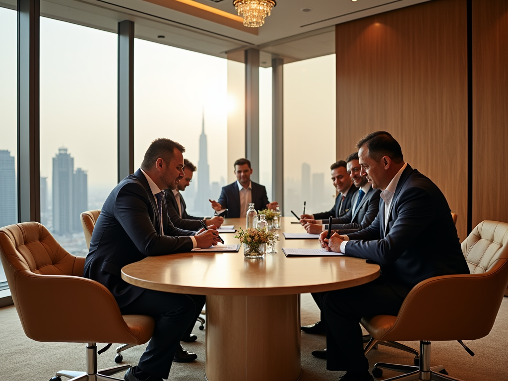 Businessmen discussing at a round table in a modern office with city skyline.