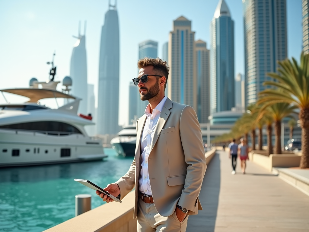 Man in suit on marina walkway with skyscrapers and yachts in the background.