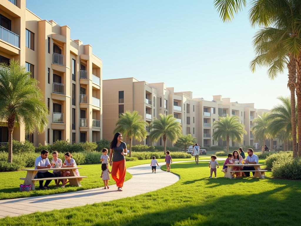 People enjoying a sunny day in a lush park area, fronted by modern apartment buildings.