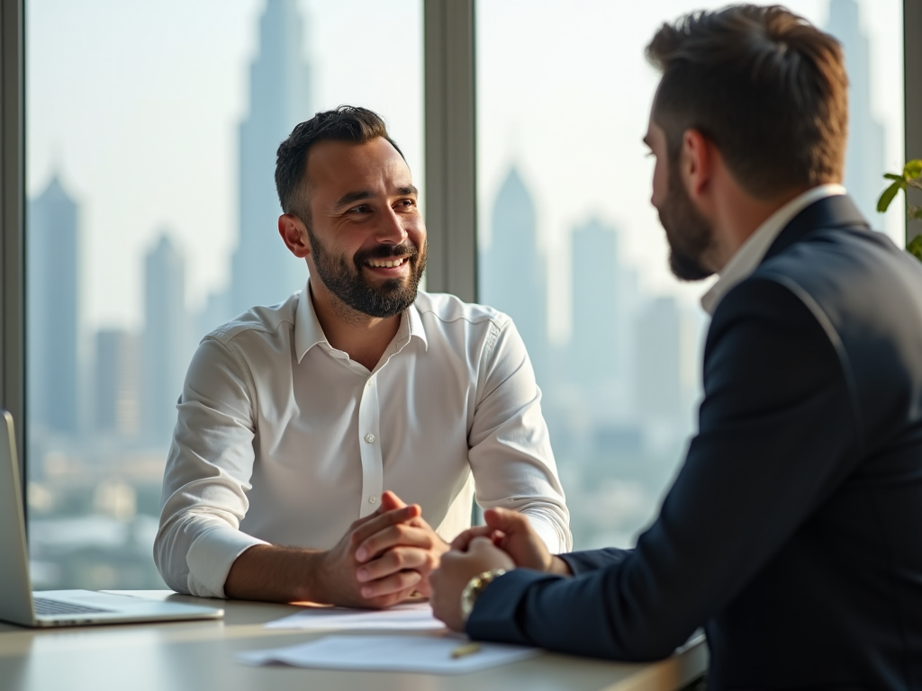 Two men in business attire shaking hands at a table with a laptop, in an office overlooking a city skyline.