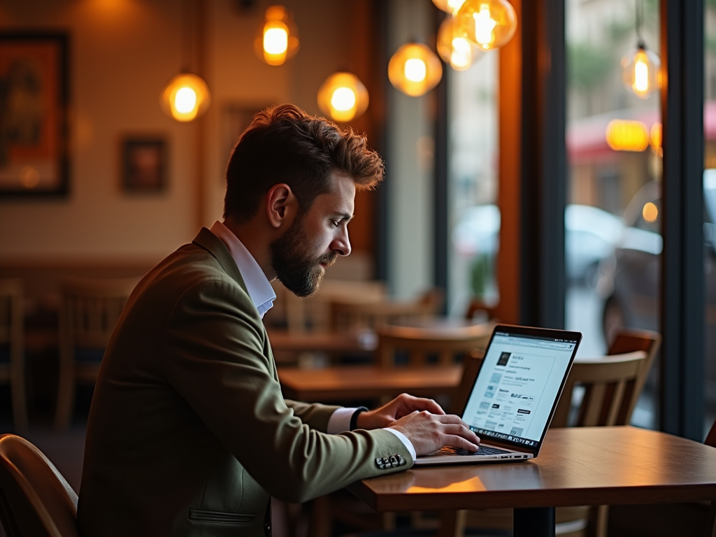 Man in green blazer using laptop at cafe table, with warm lighting in background.