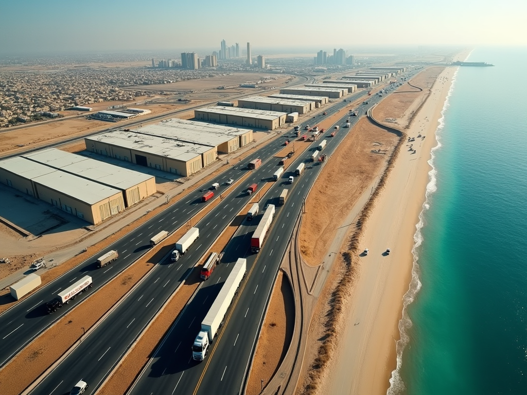 Aerial view of a highway beside a sandy beach with industrials buildings and a city skyline in the distance.