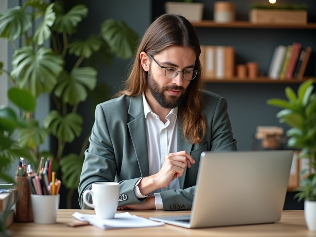 Man with glasses and beard working on laptop in plant-filled office.