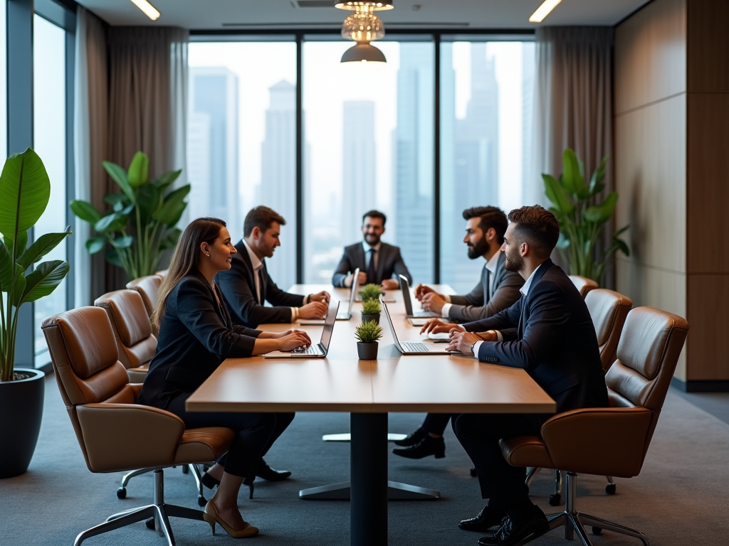 Business professionals in a meeting at a modern office conference room with city views.