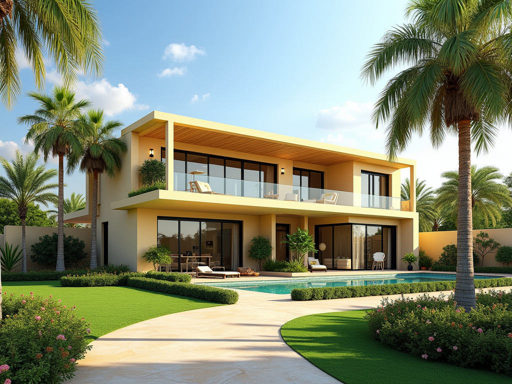 Modern two-story house with pool, surrounded by palm trees and landscaped garden.