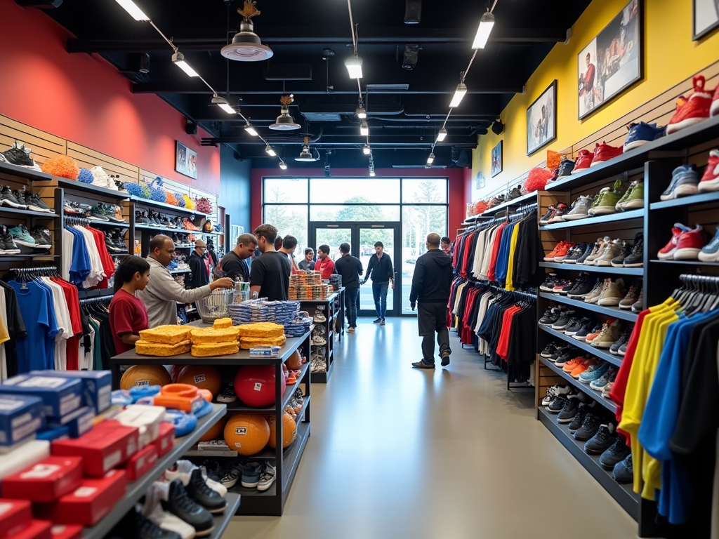 Busy sports store with customers and shelves filled with shoes and sportswear.