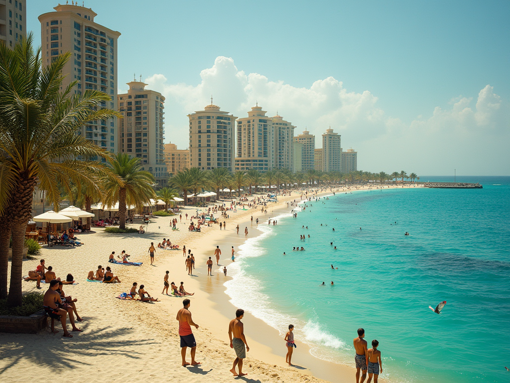 Sunny beach scene with people, palm trees, and high-rise buildings along the coastline.