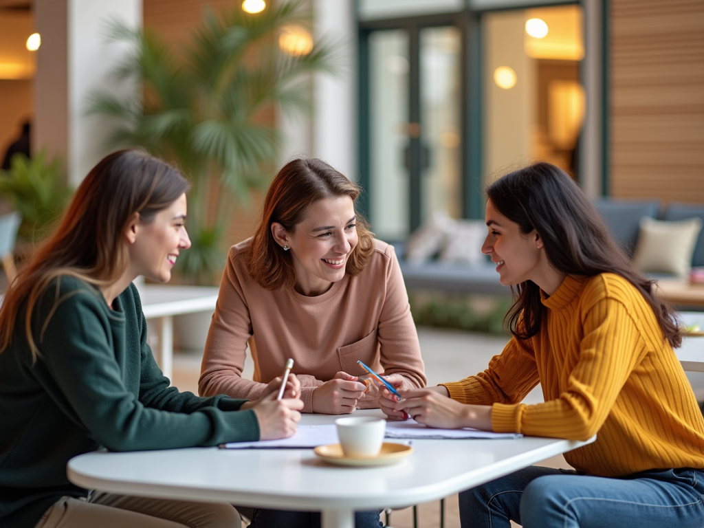 Three women chatting and writing notes at a table in a well-lit indoor space.