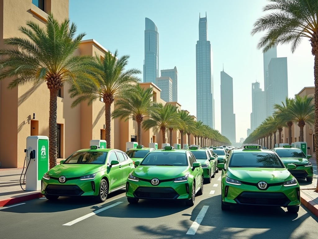 Electric taxis charging at stations on a sunny street, with skyscrapers and palms in the background.