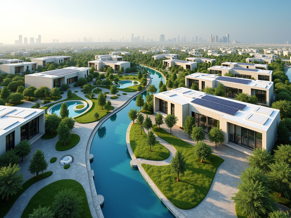 Lush green landscape with modern villas alongside a winding river, under a clear sky.