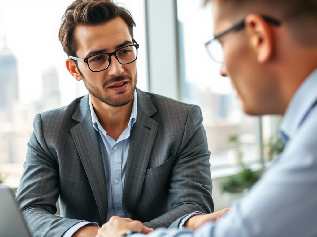 A professional man in a suit engaged in a serious discussion with another person at a modern office.