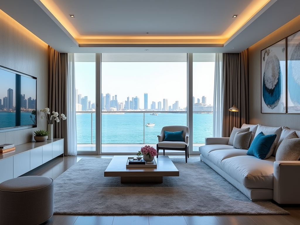 Modern living room with city skyline view through a large window, cozy sofas, and elegant decor.