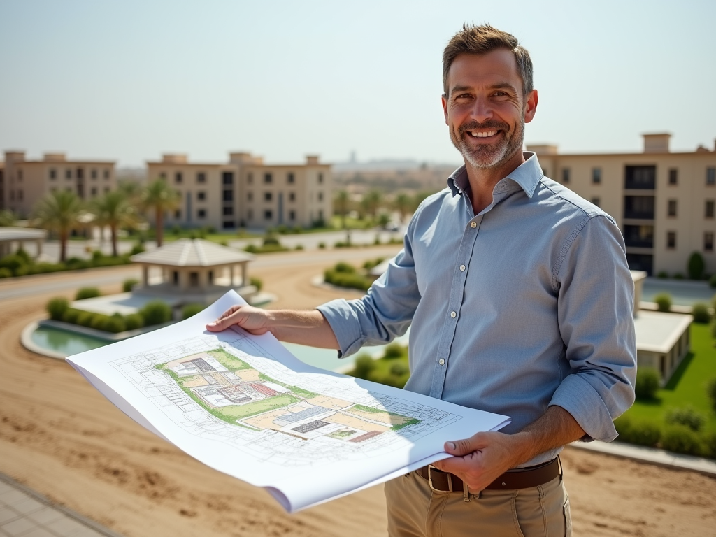 Happy man presenting architectural blueprint in residential area.