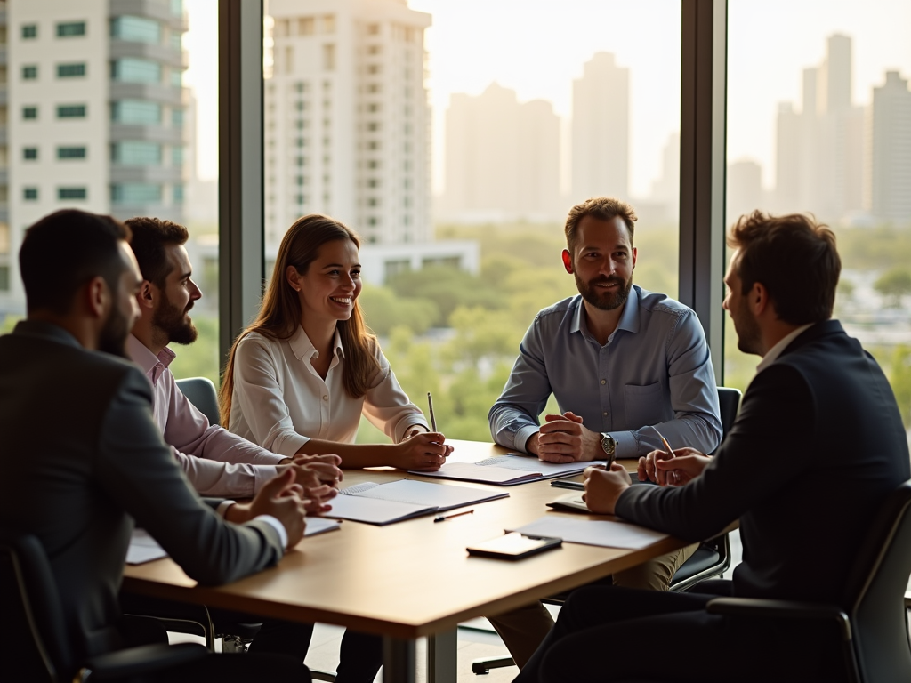 Business team in a meeting at a conference table with a city view in the background.