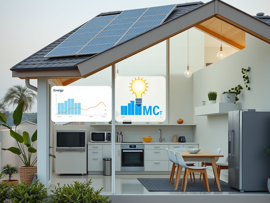 A modern home with solar panels, showcasing energy data and a bright light bulb icon, representing sustainable living.