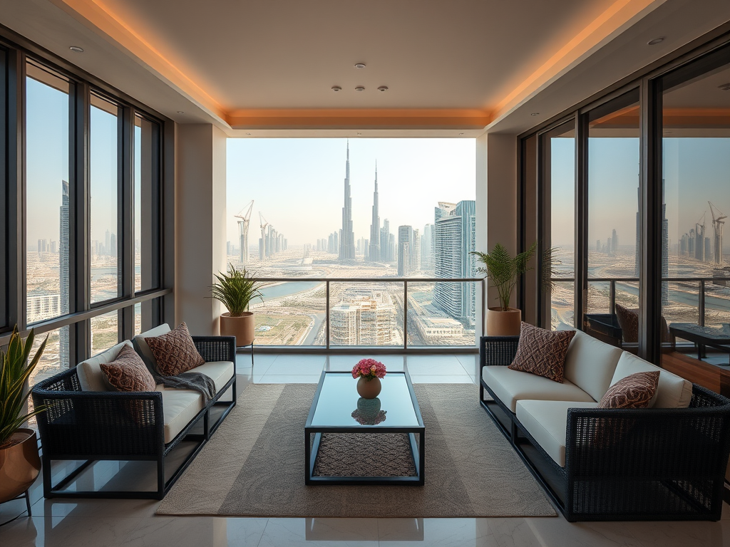 A modern living room features a stunning view of skyscrapers, including the Burj Khalifa, through large windows.