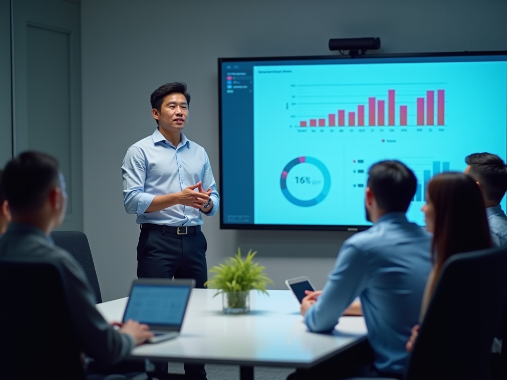 Man presenting financial data on screen to attentive colleagues in a meeting room.