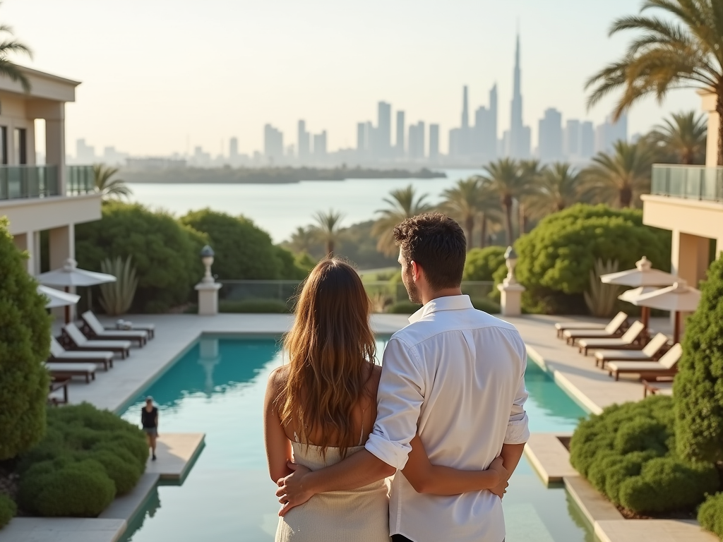 Couple embracing while overlooking a luxurious pool and skyline view at sunset.