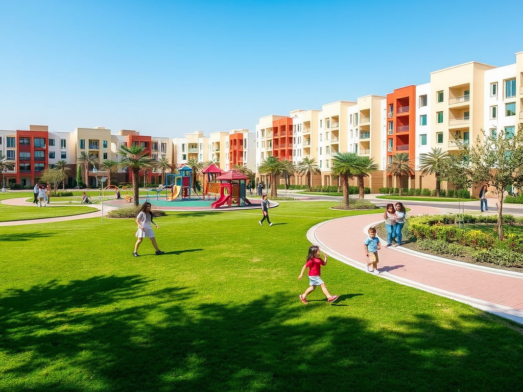 Colorful apartment buildings surround a green park with children playing and a playground in bright sunlight.