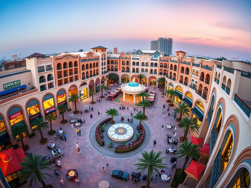 A vibrant shopping plaza with palm trees, cafes, and a carousel, set against a colorful sunset skyline.