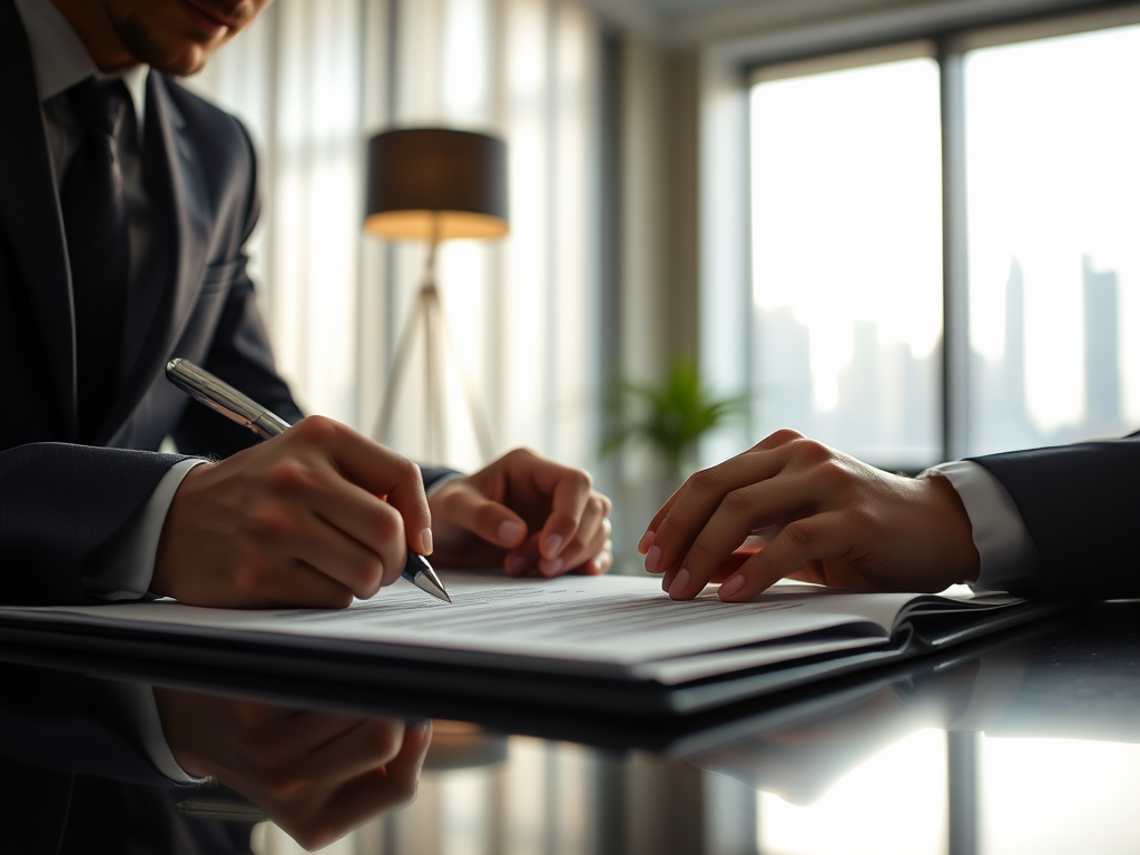 A close-up of two hands, one signing a document at a table in a well-lit office with city views in the background.