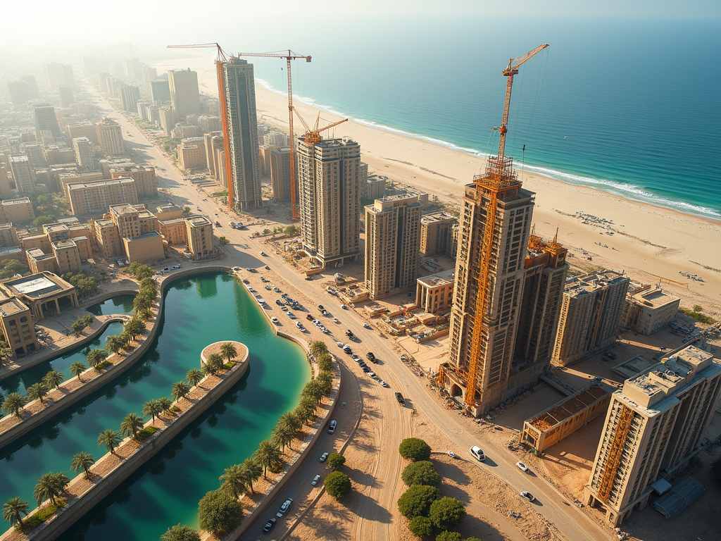 Aerial view of a city coastline with under-construction skyscrapers, sandy beach, and winding river.