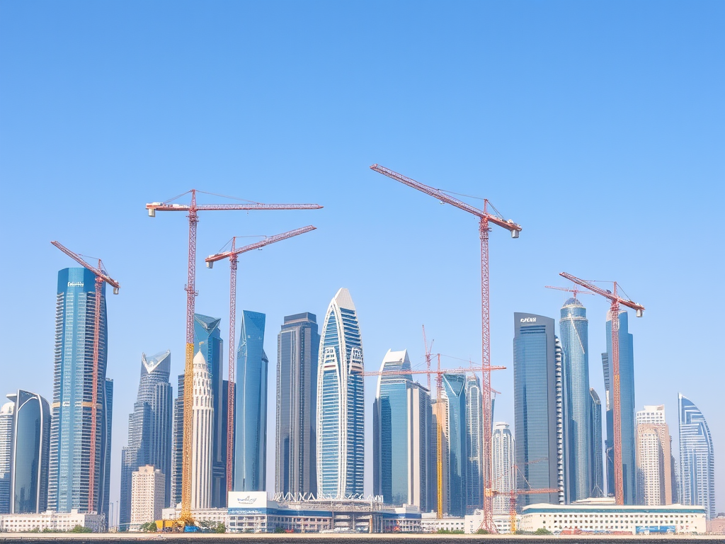 A skyline with numerous skyscrapers and red construction cranes against a clear blue sky.