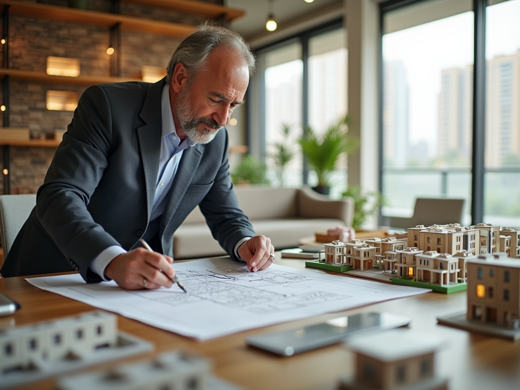 Senior architect reviewing blueprints with scale models of houses on table in modern office.