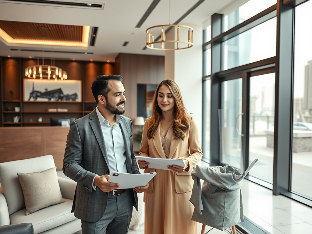 A man and woman in business attire review papers in a modern office space with large windows and stylish decor.