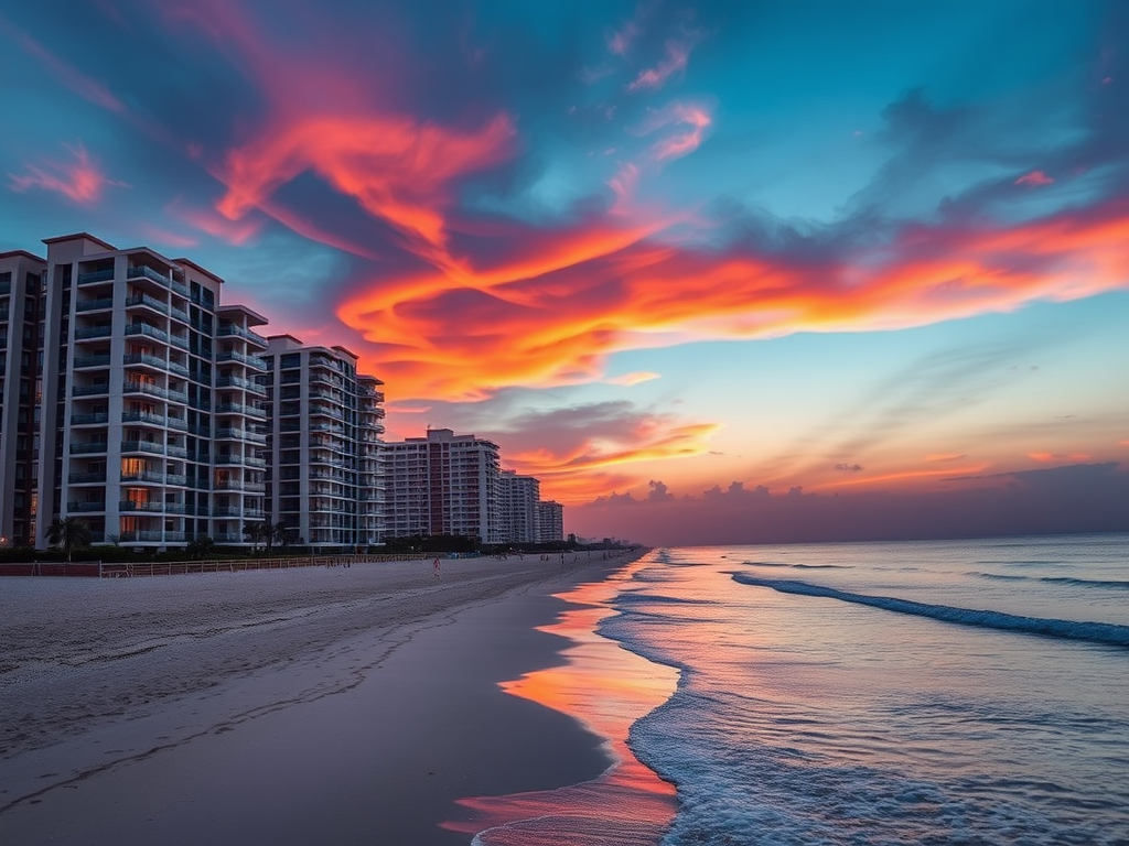 A vibrant sunset over a beach, reflecting colorful clouds and modern buildings along the shoreline.