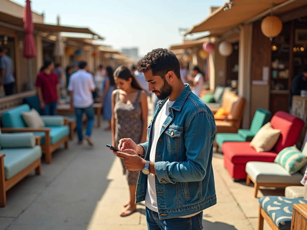 Man in denim jacket using smartphone on a bustling outdoor café street.