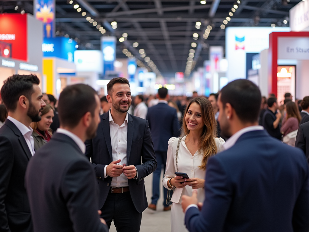 Men and women in business attire engaging in conversation at a busy trade show with colorful booths.