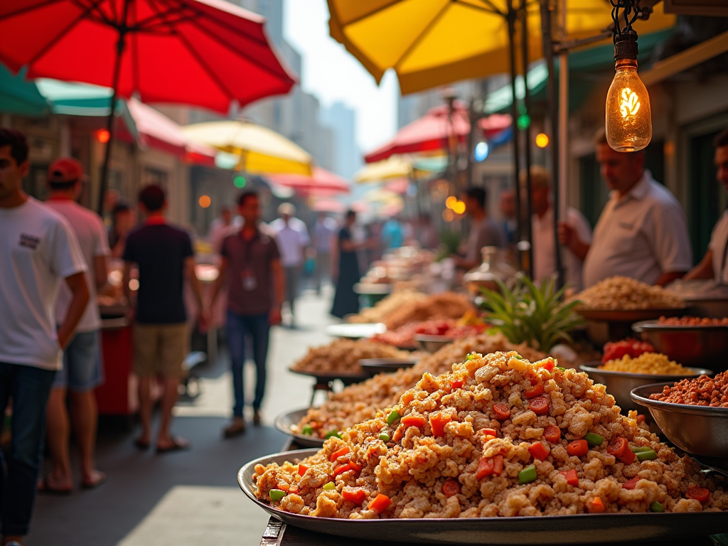 Street food market with people, large trays of food under colorful umbrellas and a glowing light bulb.