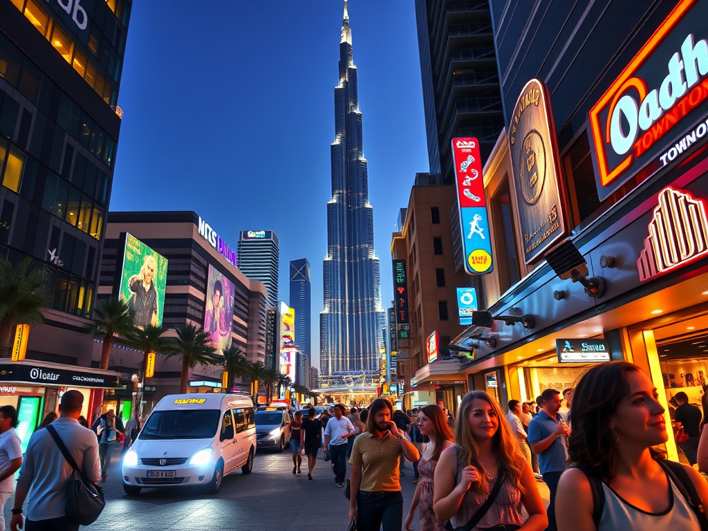 A lively city street scene at dusk, featuring the Burj Khalifa and vibrant advertisements. People walk along the bustling sidewalk.