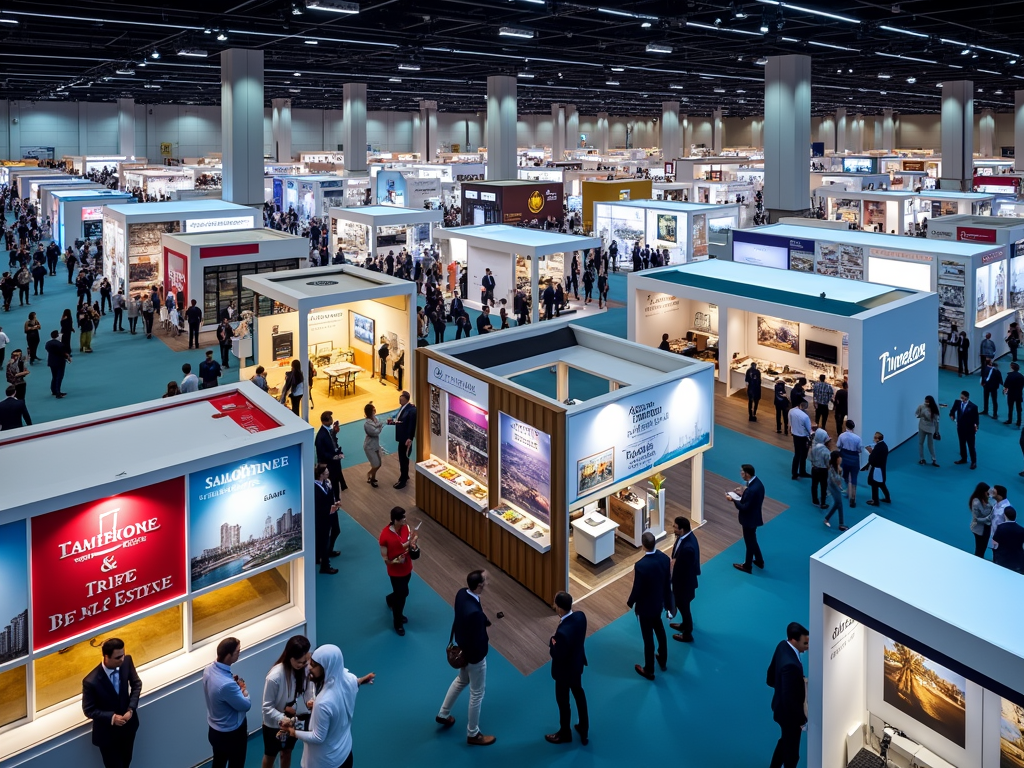 Overhead view of a vibrant, bustling indoor expo with numerous attendees and elaborate exhibition booths.