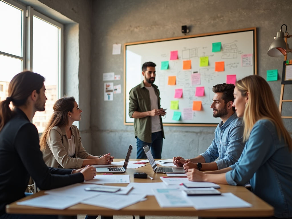 A team in a meeting listens intently to a presentation by a standing male colleague in a modern office.