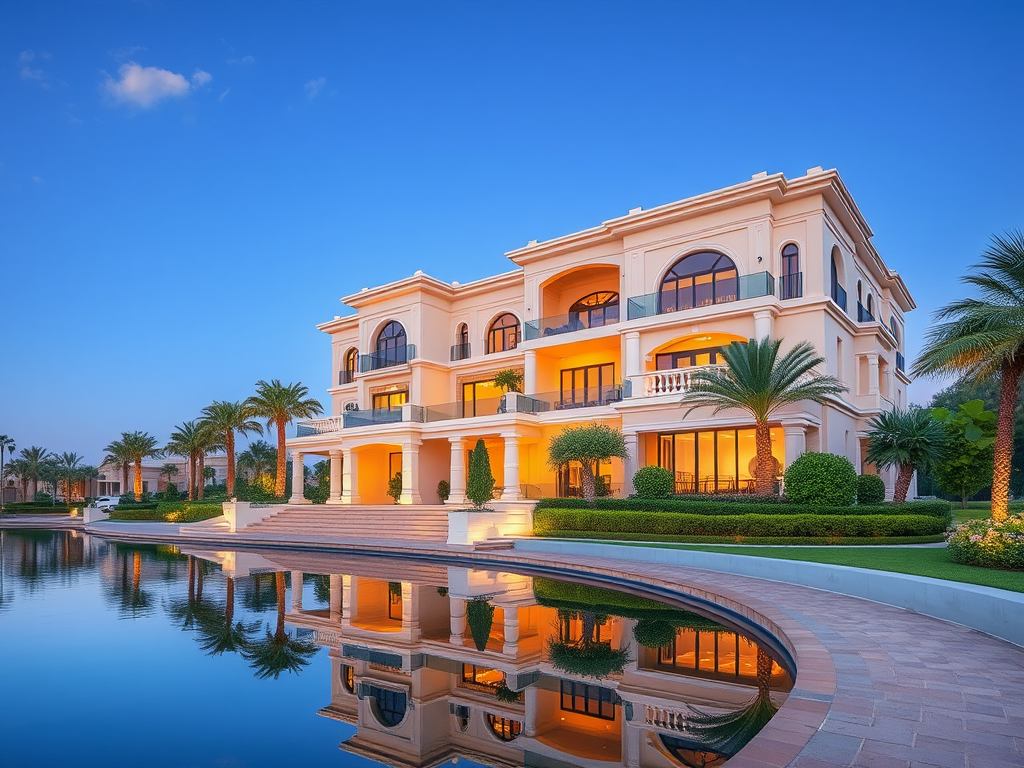 A luxurious mansion with vibrant lighting reflected in a tranquil pool, surrounded by palm trees and lush greenery.