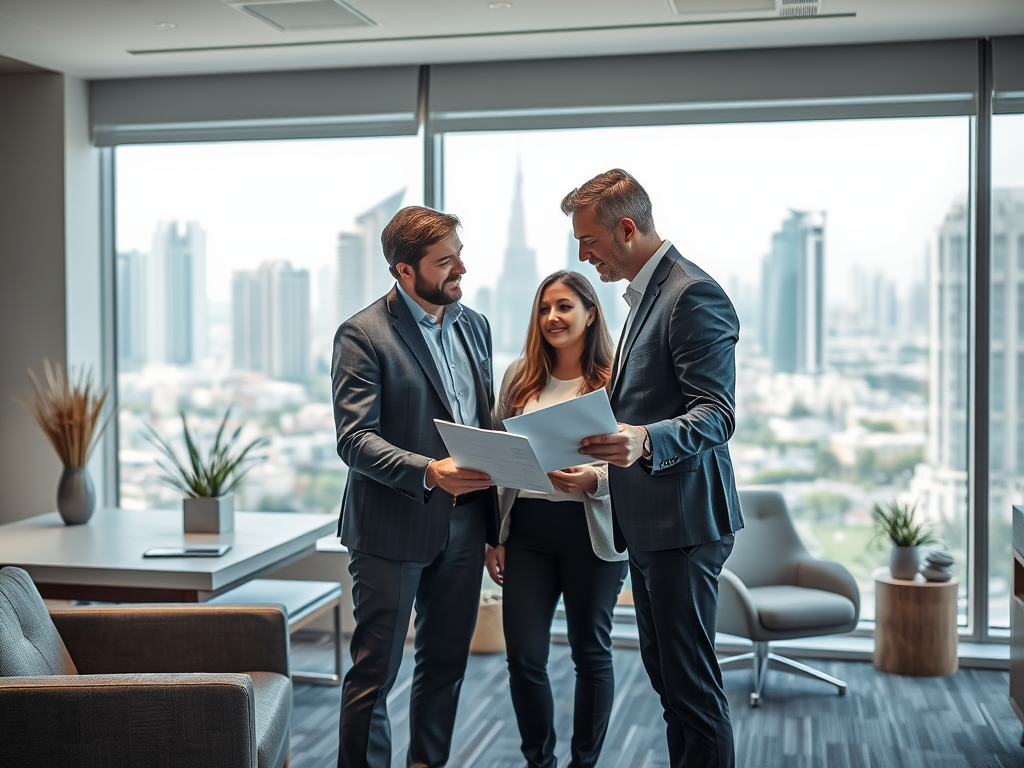 Three professionals are discussing documents in a modern office with a city view through large windows.