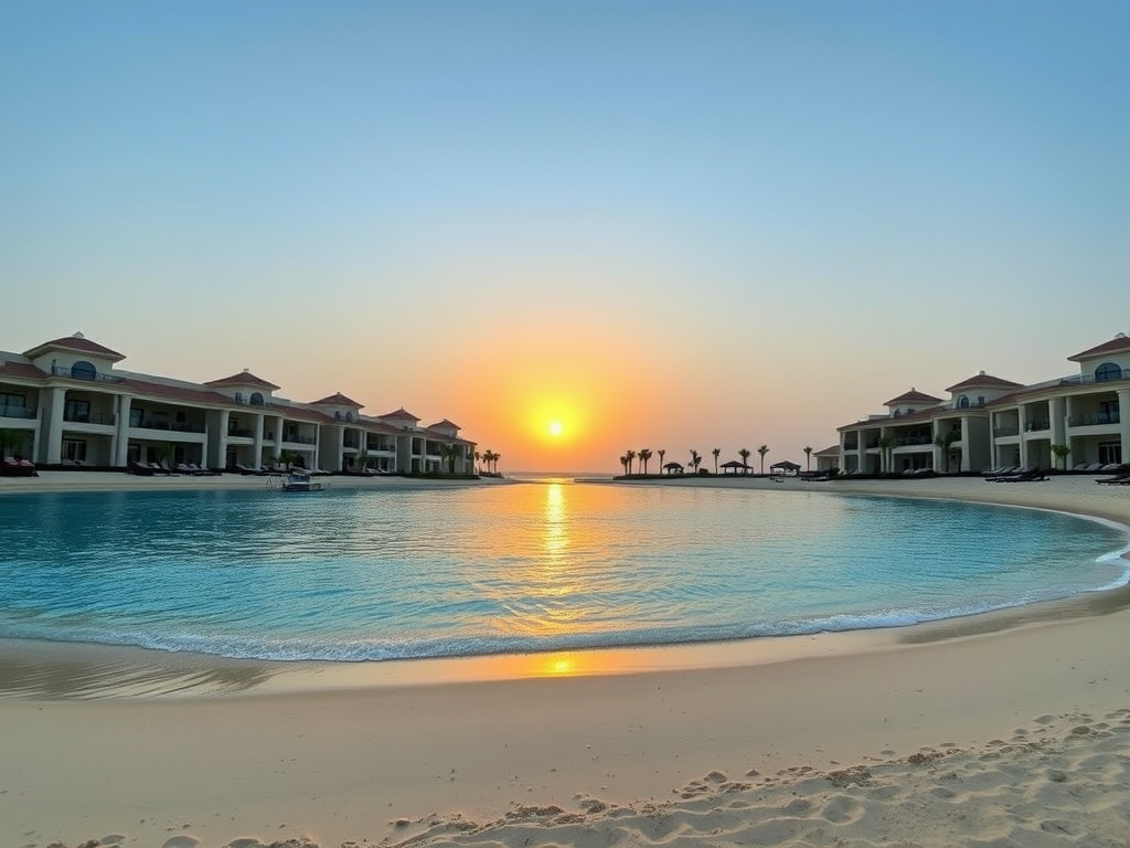 A serene beach at sunset, with calm waters reflecting the warm glow and luxury villas lining the shore.