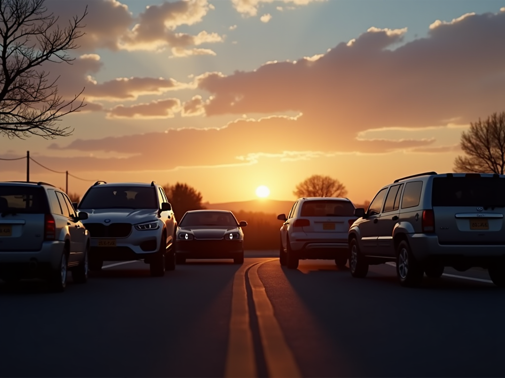 Cars on a road at sunset with the sun low in the horizon, casting warm light and shadows.