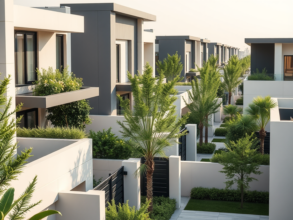 Modern houses lined with greenery and palm trees, showcasing a calm suburban landscape under soft sunlight.